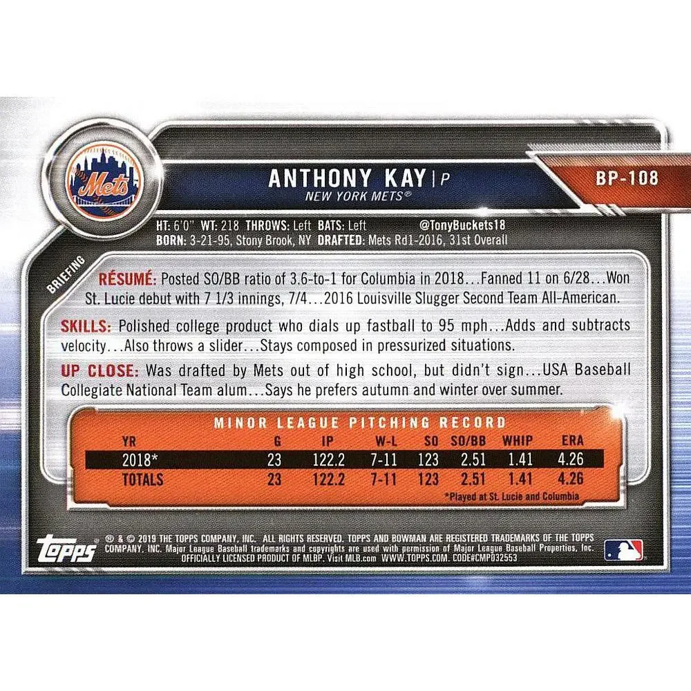 2019 Bowman Prospects Anthony Kay #BP-108 New York Mets
